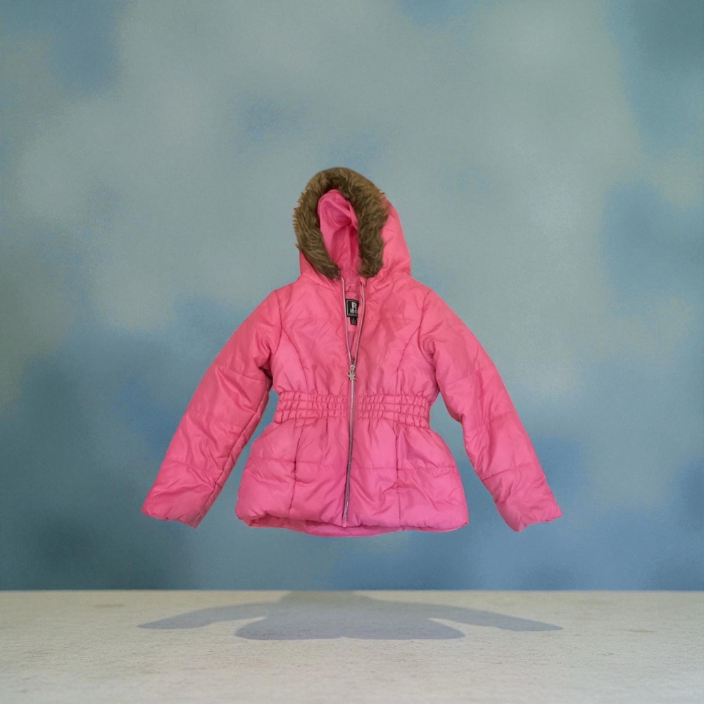Pink Hooded Puffer Jacket with Faux Fur Trim